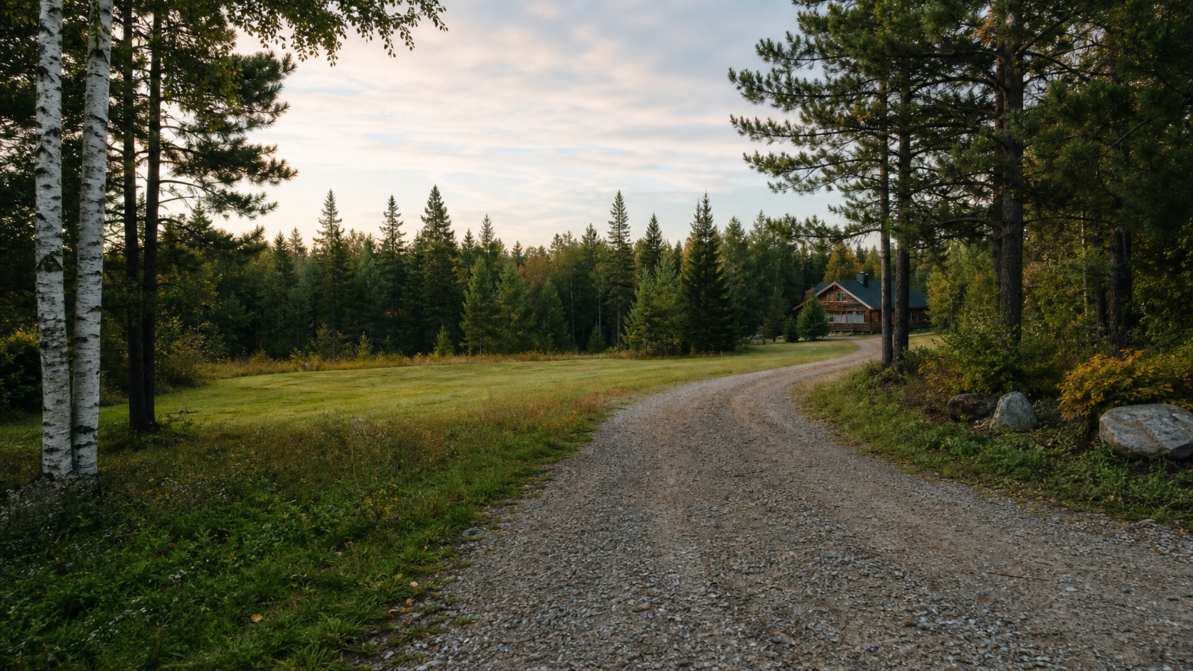 Rural Upper Peninsula property driveway bordered by trees.